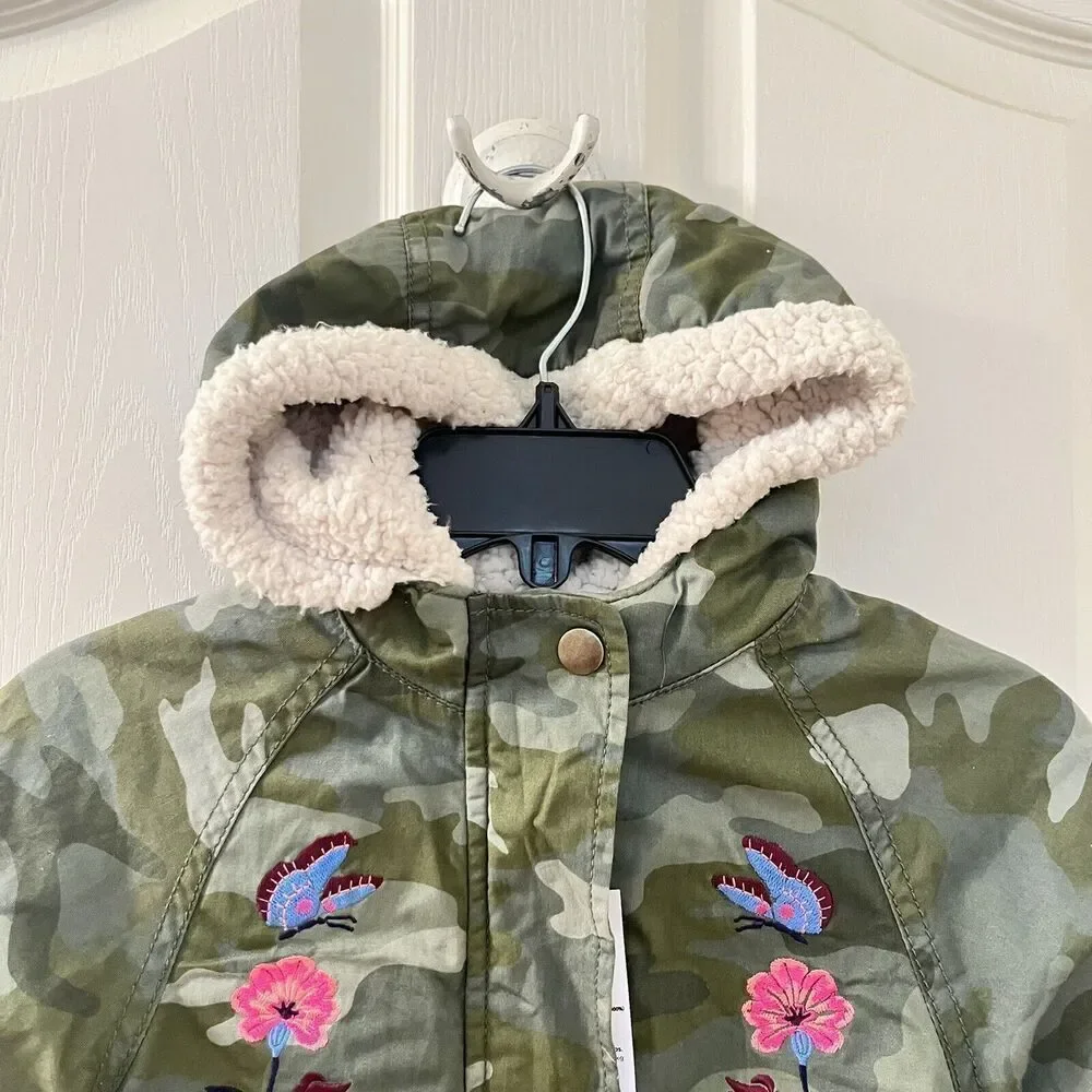 Old Navy Camo Hooded Jacket Floral Butterfly Embroidered Girls Size 4T NWT
